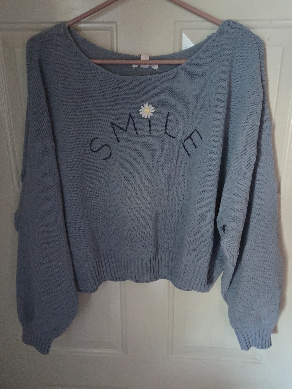 LC Lauren Conrad Light Blue 'SMILE' Daisy Crewneck Sweater